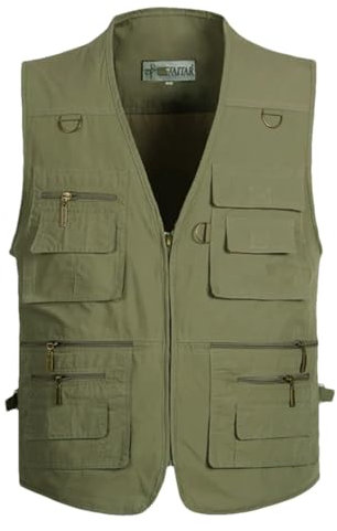 Ornrjfll Sommerjacke für Herren, ärmellos, Baggy-Jacke mit vielen Taschen, männliche Passform, mehrere Taschen, für Fotografen, Armee EN8, XL