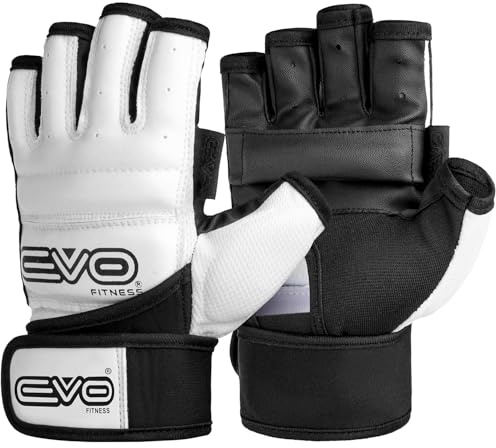 EVO Fitness MMA Gloves Muay Thai Gel Kickboxing Grappling Sparring Training UFC Cage Fighting Mitts Punching Bag Martial Arts Karate (White, M)
