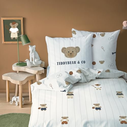 MATT & ROSE Parure de Lit Enfant 1 Personne Teddy Bear | 100% Coton | Oeko-TEX | Housse de Couette 140x200 cm + 1 Taie d'oreiller 63x63 cm Imprimées Réversibles | Beige