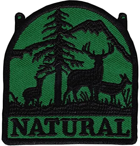 Natural Grün Hirsch Berge Natur Aufnäher zum aufbügeln oder aufnähen Bügelbild Aufbügler für Kleidung gestickter Bügelpatch Applikation Wandern Patch Größe 6,8 x 7,0 cm