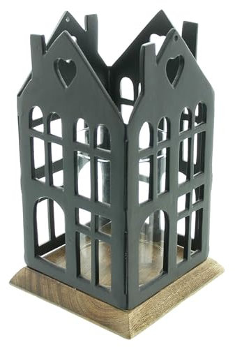 Windlicht Haus, Metall, Mattschwarz, Mangoholz, naturbelassen Maße: 13 x 13 x 23 cm, Glaseinsatz Ø 8 x 9 cm, ohne Kerze