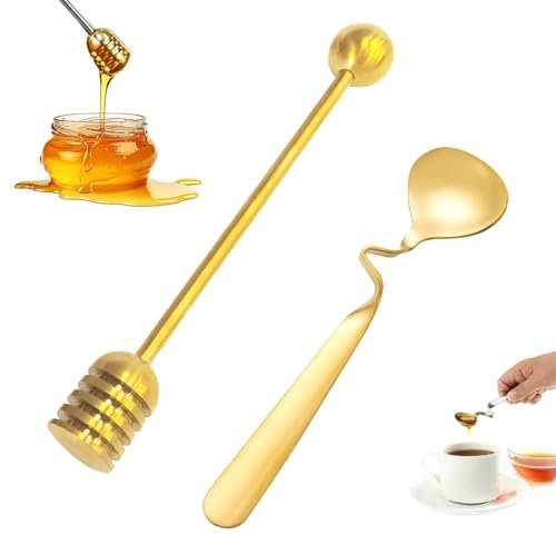 VZU 2 Stück Honiglöffel Edelstahl Set, Marmeladenlöffel, Langer Griff Honig Löffel, Edelstahl Dipper Stick, Honig Sticks für Ahornsirup, Melasse und Joghurt