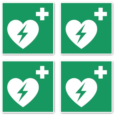 Automatisierter Externer Defibrillator (AED), Rettungszeichen: E010 - DIN EN ISO 7010 / ASR A1.3 - Aufkleber: 15 cm, 4 Stück