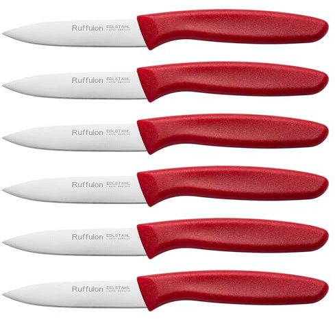 Ruffulon Gemüsemesser, Rot 6-teiliges Obstmesserset, Ergonomisches Küchenmesser, Profi-Schäler aus hochwertigem Edelstahl, gerade Klinge, besonders scharfe Klinge, Spülmaschinenfest