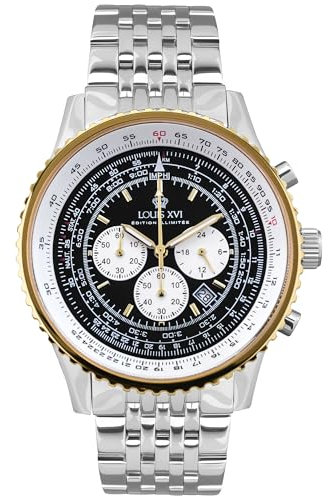 LOUIS XVI Artagnan 3440 - Ø 47.5 mm - Herren Uhr - Chronograph - Wasserdicht - Uhr mit Saphirglas - Bicolor - Armband Silber - Zifferblatt Schwarz