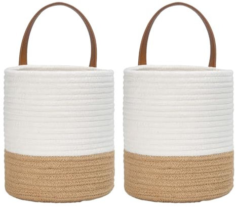 Sertay 2 Stück Korb Hängend Wand, Wandkorb Rund Behälter, Aufbewahrungskörbe Griff, Blumentopf Pflanzenkörbe, Wandmontiertes Design Haftet Platzsparend an Der Wand (Leinen + Weiß)