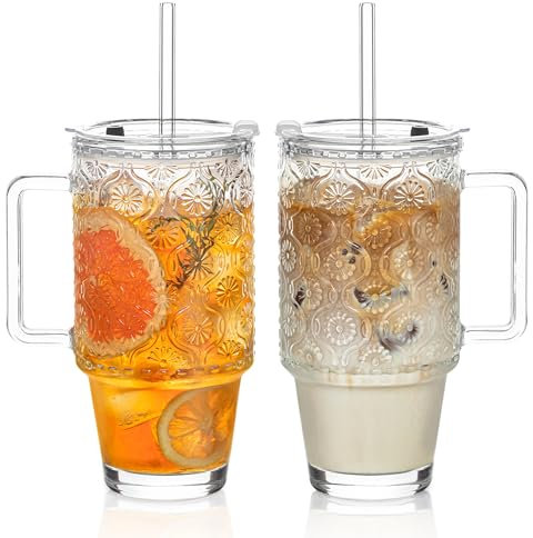 KEMORELA 2 Pack 24oz Glass Tumbler with Straw and Lid - Iced Coffee Cups with Handle, Reusable Smoothie Cup for Cold Drinks, Begonia Pattern, Dishwasher Safe