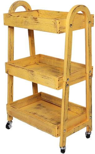 Kersiki 3-Tier Wooden Rolling Cart- Wooden Utility Cart wit Wheels- Utility Rolling Cart-Storage Trolley Organizer- Rolling Kitchen Serving Cart for Office,Kitchen, Kids' Room (Retro Yellow)