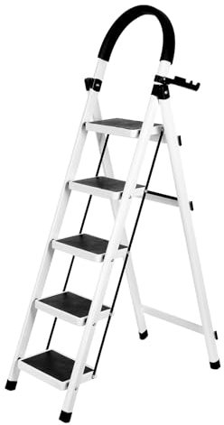 Escalera de acero de 5 escalones, taburete de pie plegable, escalera con patas antideslizantes Max 150 Kg-152 x 87 x 39 cm, 5 peldaños (blanco)