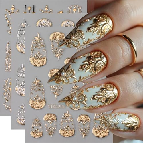 Shimmerz 3 Sheets 5D Embossed Flower Nail Art Stickers Decals French Engraving Nail Art Decals Gold Silver Blossom Heart Tree Retro Luxury Manicure Accessories