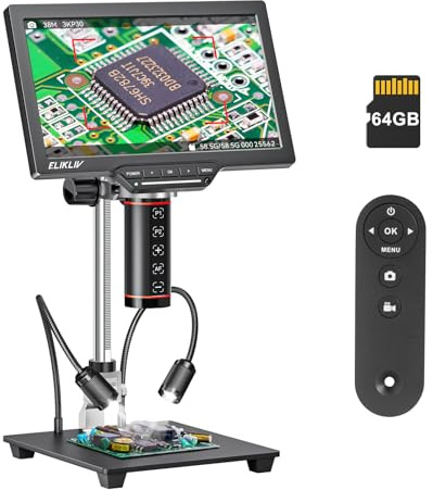 Elikliv EM3K-AF Max Microscopio Digitale 3K Autofocus HDMI, Schermo LCD da 10.1 e 38MP, per Saldatura e Riparazioni Elettroniche, Supporto da 10'', 64 GB