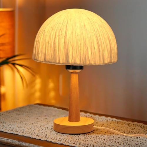 LIGKIN Kreative Tischlampe Pilzlampe Nachttischlampe aus Holz Tischleuchte Lampenschirm aus Papier Nachtlicht Dekoration mit Schalter für Schlafzimmer, Wohnzimmer, Leseecke