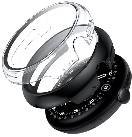 Fitudoos [2 Stück Harte PC Hülle mit Panzerglas Displayschutz Kompatibel mit Google Pixel Watch 4 45MM,Hochempfindliche Leichte Anti-Fall Schutzhülle, Rundum Schutzhülle - 1 Transparent+ 1 Schwarz