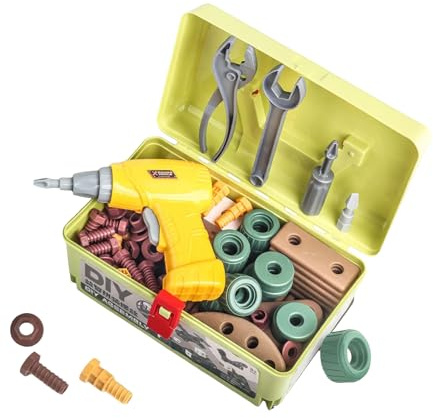 Duroecsain Bohrmaschine für Kleinkinder | Werkzeugkoffer für Bohrspielzeug, realistisches Werkzeugkasten-Set | für Jungen, Mädchen, Kleinkinder, Bau, Weihnachten, Geburtstag, Tisch