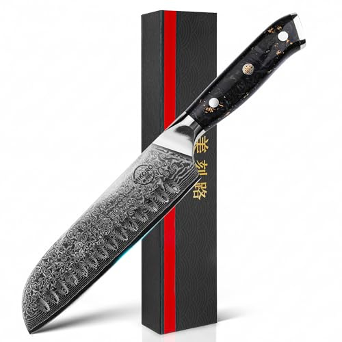 MIKORO Couteau de Cuisine Santoku Japonais 18cm - Acier Damas 67 Couches - Professionnel Ultra Tranchant - Manche Carbone - Coffret Cadeau Premium
