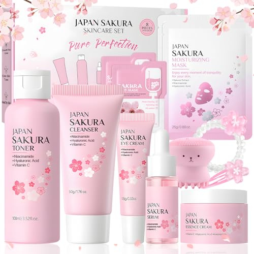 Set per la Cura Della Pelle Sakura, Kit Skincare Viso Completo 12 Pezzi