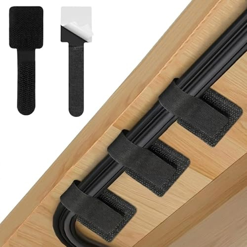 50 PCS Under Desk Cable Management Kit, Wire Organiser Cord Holder | Self Adhesive Cable Tidy Clips, Adjustable Hook and Loop Cables Ties for Desk, TV, PC, Home & Office (Black)