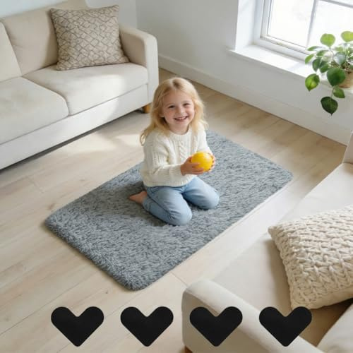 AUAUY Hochflor Flauschig Teppich, mit 4 Antirutschaufkleber, 50x80 cm | Anti-Rutsch Unterseite, Waschbar Teppiche, Moderne Teppiche Matte, für Wohnzimmer, Kinderzimmer, Schlafzimmer