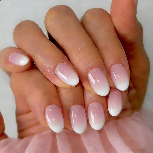 SXVME Ombre Press On Nails Short, 32 Pcs 16 Sizes Gradient White Pink False Nails Press ons Oval, Reusable Artificial Nails, Natural French Almond Stick On Nail for Women Wedding Elegance