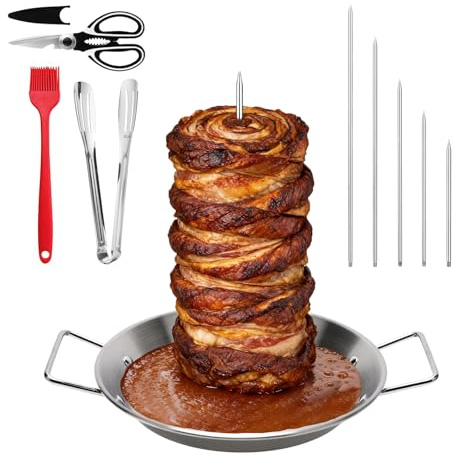 Al Pastor Skewer for Grill, Stainless Steel Vertical Skewer with 10 Inch Base Pan, 5 Replacement Spikes, 1 Brush, 1 Clip, 1 Scissors, for Steak, Chicken, Fish, Turkey Kebab