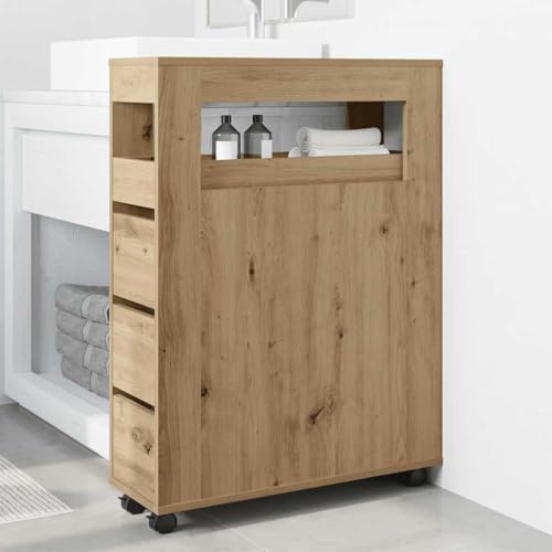 Teenpull Badschrank Schmal mit Rollen, Artisan-Eiche Holzwerkstoff, 65x23x90 cm, Rollcontainer für Bad Küche Wohnzimmer, Vielseitiger Stauraum