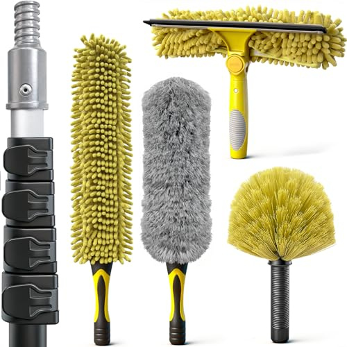 ARTIPOLY 6 m Staubwedel mit Teleskopstiel Set, 5-in-1 spinnwebenbesen Kit | staubwedel lang ausziehbar mit Chenille Fensterabzieher und Mikrofaser Federstaubwedel für Decke und Wand, Gelb