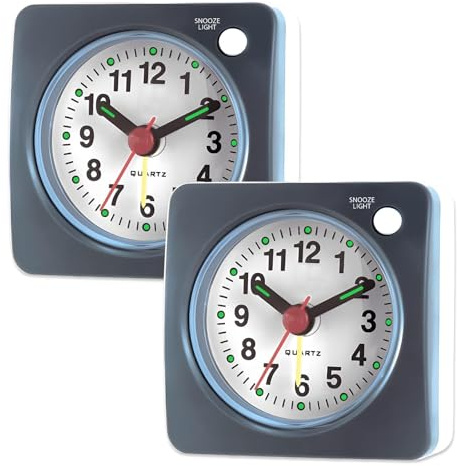 hommova 2 Pcs Silent Alarm Clocks Bedside Non Ticking, Travel Alarm Clocks Battery Operated, Small Clock Glow in the Dark for Heavy Sleepers