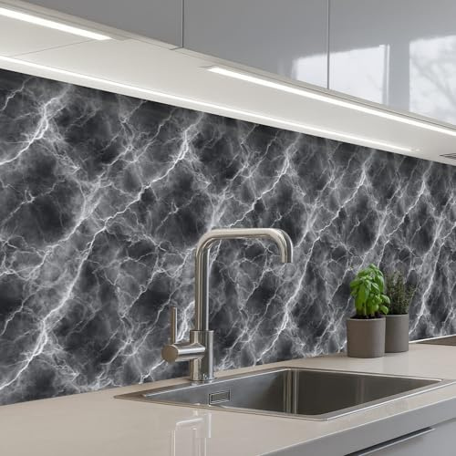 KitchenYeah© Spritzschutz Küchenrückwand Küche Abwaschbar Selbstklebend | 60x300 cm - Küchenwand Küchenfront Küchen Rückenwand Wandschutz Dunkelgrau - Blitz - Marmor