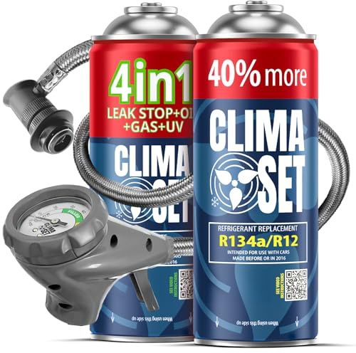 CLIMASET - Klimaanlage Auto Befüllen - Klima Auffüllen Auto Set - 4in1 R134a + Gas & Öl R134a + Schlauch - für Fahrzeuge 1994–2016, mit Modernem Schlauch & Manometer, Einfaches Nachfüllen