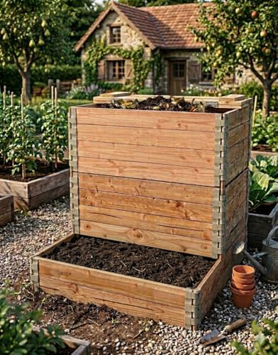 Composteur en Bois 500L en Douglas Naturel avec Couvercle