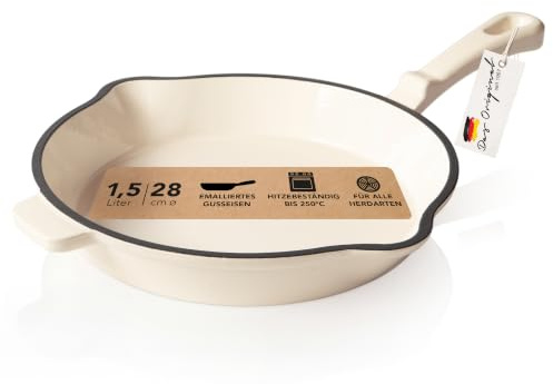 Römertopf Gusseisen Bratpfanne 28 cm emailliert für Induktion, Creme | Für alle Herdarten inklusive Induktion, backofenfest bis 250 °C, hohe Hitzespeicherung, PFAS-frei