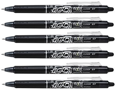 Pilot Frixion Clicker 0.7mm Tip Erasable Ink Gel Pen Tattoo Design Black Ink (Pack of 6) Supplied Loose