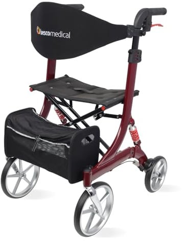 Leichtgewicht-Rollator SPRING - Komfort-Federung - Modell L Bordeauxrot | höhenverstellbar & faltbar - Gehhilfe inkl. Netztasche & breitem Rückengurt - bequeme Sitzfläche - zusammenklappbar
