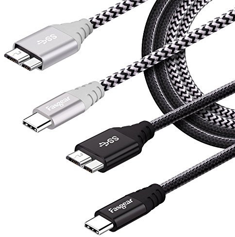 Fasgear 2 Stück 30cm USB C zu Micro B Kabel Nylon Geflochtener Metallstecker Typ C zu Micro 3.0 Kabel Schnellladung 5 Gbit/s Sync Kompatibel mit Toshiba Canvio, Galaxy S5 Note 3 (Grau, Schwarz)