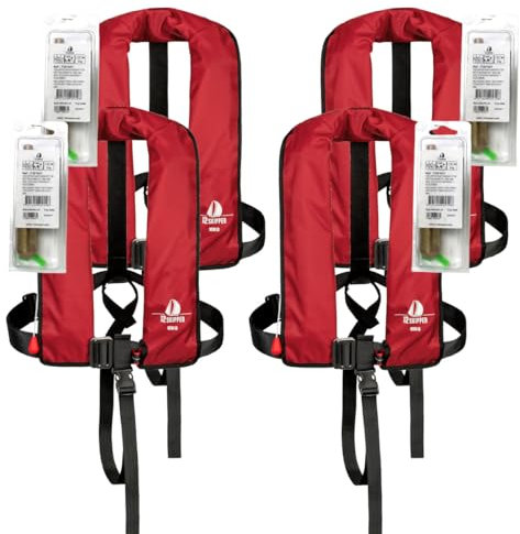 12skipper 4er-Set Automatik-Rettungswesten 165N ISO mit Harness + 4 Wartungskits, rot