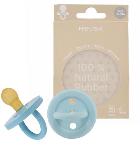 HEVEA Naturkautschuk BumiBébé Schnuller - 36 Monate - Runde Sauger Form -Hygienisches Einteiliges Design für Neugeborene bis Kleinkinder, BPA-frei, Zweierpack (Himmelblau & Denimblau)