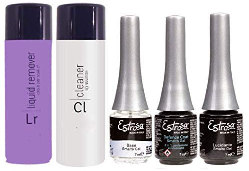 ESTROSA KIT SEMIPERMANENTE UNGHIE SMALTO GEL POLISH RIMOZIONE RAPIDA |BASE PRIMER + BASE DEFENCE COAT + LUCIDANTE GLOSS + SOAK OFF REMOVER + CLEANSER SOLUZIONE SGRASSANTE + OMAGGIO SEMIPERMANENTE 10Ml