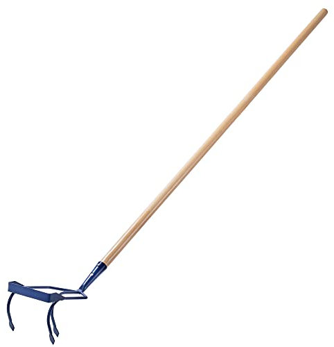 Kadax Cultivatore a mano in metallo, coltivatore con un lungo gambo in legno, robusto coltivatore, artiglio da giardino, zappa da giardino per allentarsi il pavimento (3 denti, con Jätemesser)