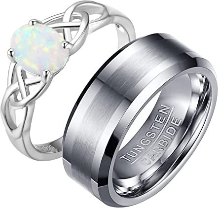 Aotiwe Paar Partnerringe Silber Ringe Hohles Oval, Weiß Zirkon Oval 925 Silber Frauenringe Größe 57 (18.1) Wolfram Stahl Herrenringe Größe 62 (19.7)