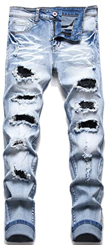 OIIIO - Men's Jeans with Patch, Ripped, Stretch Regular Fit, Blue-6604, 12