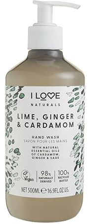 I Love Naturals Lime, Ginger & Cardamon Hand Wash, Natural Oils Of Cardamon, Ginger & Sage, Gently Removes Impurities, Refreshing & Cleansing Formula, 100% Recycled Bottle & Vegan-Friendly - 500ml