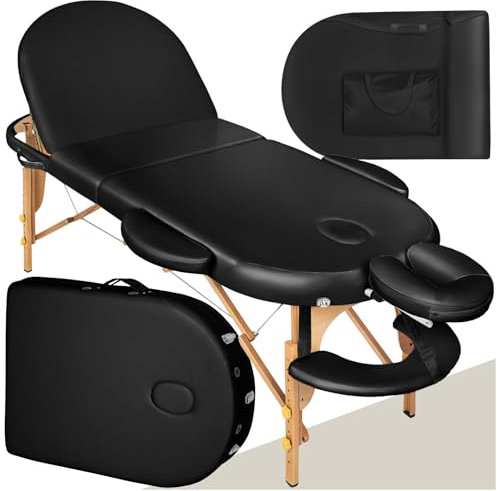 tectake® Mobile Massageliege, ovale Massage Liege mit 3 Zonen klappbar, höhenverstellbar, extra Dicke Polsterung, Vinylbezug, mit Kopf- und Armstützen, Zubehör Transporttasche - schwarz
