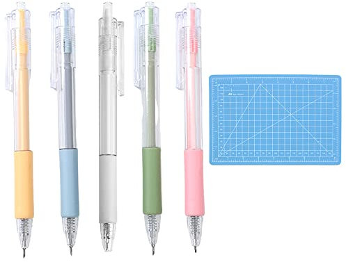 Automatically Press The Knife,DIY Craft Knife Pen Set Art Tools, 5Pcs Paper Cutting Utility Knife, Wood Paper Sculpture Cutter Engraving Craft Utility Knife with Cutting Board