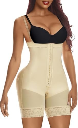 YIANNA Body Shaper Damen Fajas Colombianas Shapewear Bauchweg Stark Formend Miederbody mit Bein Mieder Beige Reißverschluss Schritt S 7243