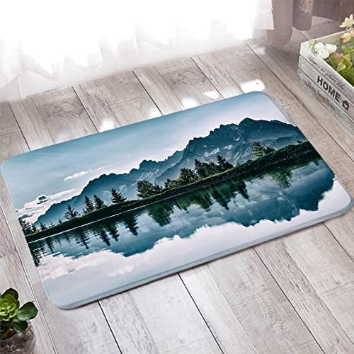Fußmatte Außen, Teppich Antirutschunterlage 50X80cm Dunkelgrün Bergsee Naturkulisse für Stark Frequentierte Bereiche Außerhalb des Hauses