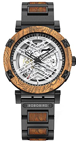 BOBO BIRD Automatische mechanische Herren-Armbanduhr, X-Serie, Retro-Luxus, 45 mm, Skelett, Edelstahl, Holz-Uhren, Braun, Mechanisch