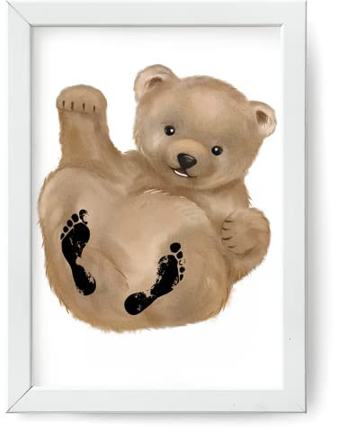 Freusel Bär | Fußabdruck-Set für Babys | Enthält hochwertigen A4-Druck, Stempel und Bilderrahmen