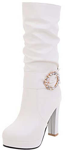 Stivali da Donna a Metà Polpaccio con Tacco Alto, Stivali da Festa Tacco a Blocco Senza Chiusura Punta Rotonda Boots Eleganti con Plateau, 22153Ckt Bianco Numero 34 EU