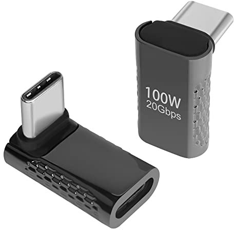 QIANRENON USB C 90° Winkel Adapter 20Gbps 100W USB 3.2 Type C Stecker auf Buchse rechtwinkliger Anschluss, 8K Audio/Video, für Smartphone Tablet Steamdeck, Glänzend schwarz, 2 Pcs (vorwärts gebogen)