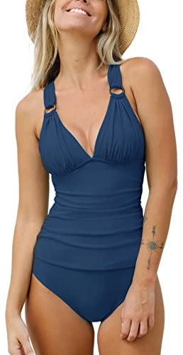 CUPSHE Damen Tankini Set V Ausschnitt Ringen Bauchweg Lace Up Tankini Bademode Triangel Mid Waist Zweiteiliger Badeanzug Swimsuit Dunkelblau XS